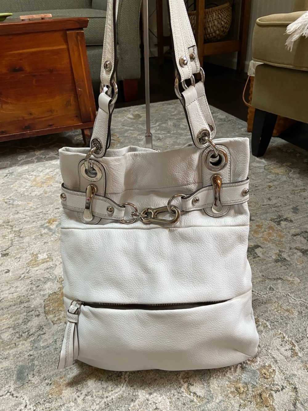 b. makowsky White Leather Shoulder Bag with Silver Hardware